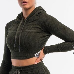 ECHT Cropped Hoodie Ribbed Green Marl Workout Top Fitted Nylon Spandex Large